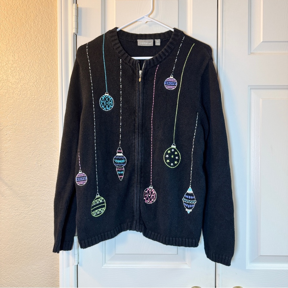 CROFT BARROW Women's Black Christmas‎ ORNAMENT Cardigan Sweater Size Medium